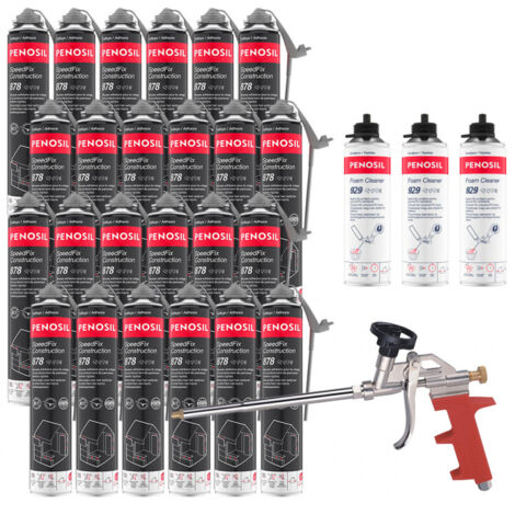 Pack 24 Mousses colle univ SpeedFix Construction 878 pistolable 690ml PENOSIL + 3 Nettoyants FoamCleaner 929 500ml + Pistolet