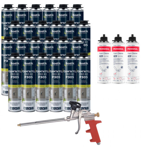 Bostik – Pack de 24 mousses polyuréthane expansives pistolables 750ml – Excellente isolation phonique et thermique – Nettoyants FoamCleaner 500ml inclus