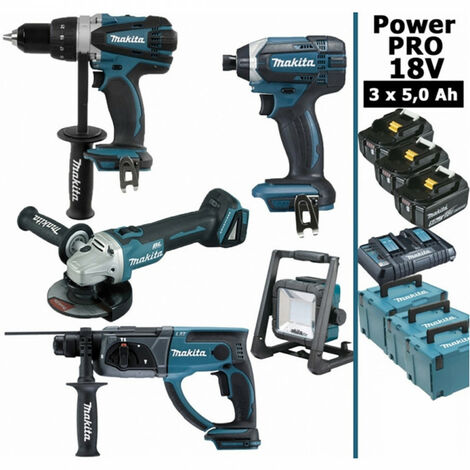 Pack Makita Power PRO 18V: Perceuse 91Nm DDF458 + Meuleuse 125mm DGA504 + Perforateur 2J DHR202 + Visseuse à chocs 165Nm DTD152 (1/10)