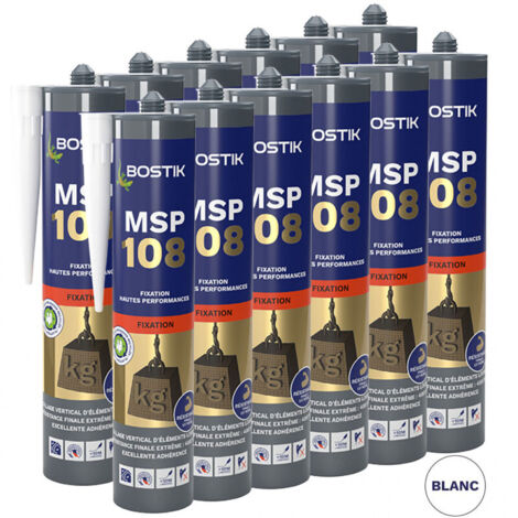 Bostik – Lot de 12 mastics de fixation 290ml blanc – Collage vertical d’éléments lourds – Résistance aux intempéries et rayons UV – Adhérence sur supports humides