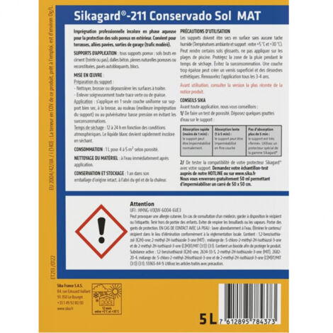 Imprégnation hydrofuge oléofuge Sikagard-211 Conservado Sol Mat 5L SIKA