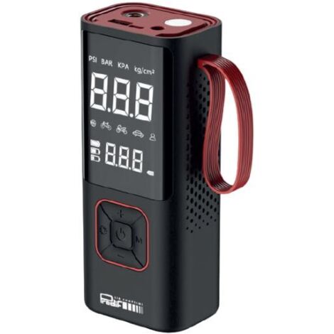 Prodif – Gonfleur sans fil 10 bar 12V – Pression max 10,3 bar – Charge USB – Accessoires inclus : 4 embouts, tuyau, sac
