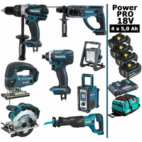 Pack MAKITA Power PRO 8 outils 18V : DDF458 + DHR202 + DTD152 + DJV180 + DSS610 + DJR186 + DMR108 + DEADML805 + 4 batt 5Ah + sac (1/5)