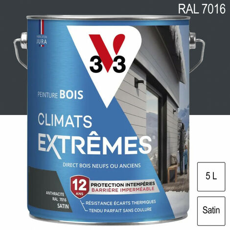 V33 – Peinture bois extérieur Climats Extrêmes RAL 7016 gris anthracite satin 5L – Résine polysiloxane Teflon® – Protection déperlant 12 ans