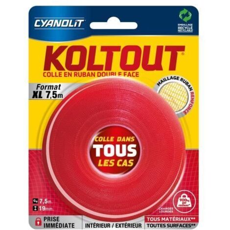 Adhésif double-face Koltout Express 7,5m x 19mm – Colle ultra-résistante pour matériaux poreux et non poreux – Résiste à l'humidité et aux températures de -10°C à +75°C – Cyanolit