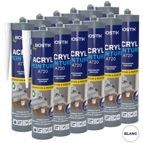 Bostik – Lot de 12 mastics d'étanchéité acrylique 310ml blanc – Pour calfeutrement menuiseries bois et PVC – Résistance thermique -20°C à +80°C (1/3)