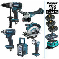 Makita – Pack de 6 outils électroportatifs 18V – Perceuse 91Nm, visseuse 165Nm, meuleuse 125mm, scie circulaire 165mm, radio Bluetooth – 3 batteries 5Ah