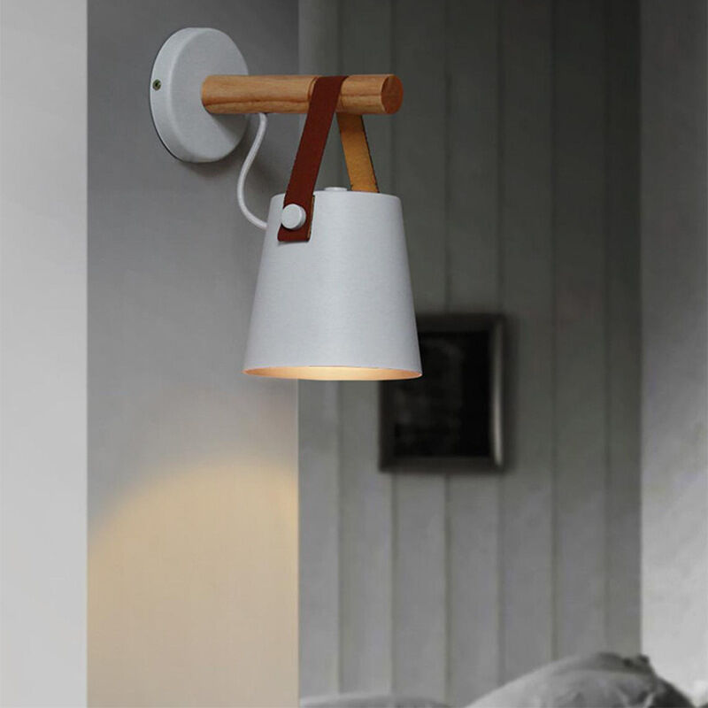 Wandleuchte Innen, Vintage E27 Wandlampe aus Holz Halter, Wandbeleuchtung  mit Lampenschirm aus Leder für Schlafzimmer Wohnzimmer Korridor Weiß 1PCS