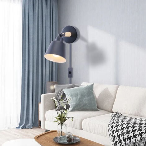Wandleuchte mit EU-Stecker, Moderne Wandlampe Innen mit Lampenschirm im Metall & Holz, Wandstrahler Art Licht Decor für Wohnzimmer Schlafzimmer Schwarz 1PCS