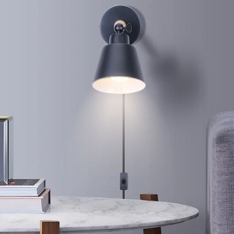 Wandleuchte mit EU-Stecker, Moderne Wandlampe Innen mit Lampenschirm im Metall & Holz, Wandstrahler Art Licht Decor für Wohnzimmer Schlafzimmer Schwarz 1PCS
