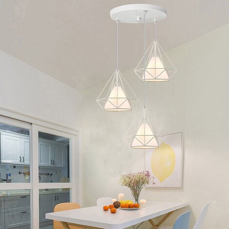 3-flammige E27 Industrial Metall Kronleuchter 25cm Pendelleuchte in  Rautenform Leuchte Textiler Lampenschirm für Schlafzimmer Küche