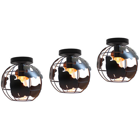 Deckenleuchte Kugel, Deckenlampe im Ø20cm Globus Design, Industrielle Kronleuchter mit Eisen Käfig für Wohnzimmer Schlafzimmer Flur Schwarz 3PCS