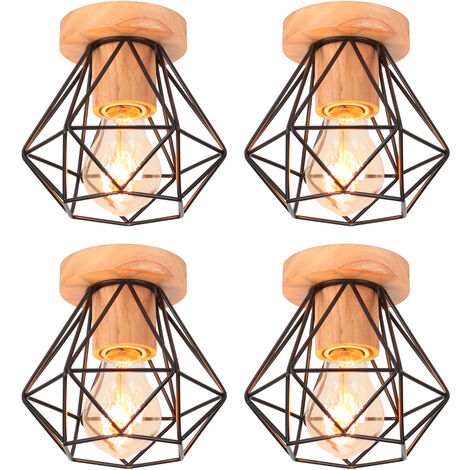 Moderne Deckenleuchte Metall E27 Keramik Lüster Deckenlampe 4x Lampenfassung Hölzern mit für aus Schlafzimmer Rautenform in