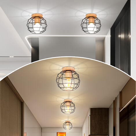 2x Metall Hölzern Deckenlampe E27 Lüster Käfig Design Retro Deckenleuchte für Wohnzimmer Schlafzimmer Café Restaurant Badezimmer Schwarz