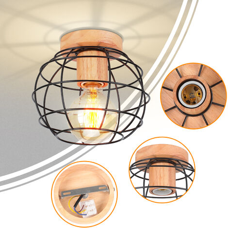 2x Metall Hölzern Deckenlampe E27 Lüster Käfig Design Retro Deckenleuchte für Wohnzimmer Schlafzimmer Café Restaurant Badezimmer Schwarz