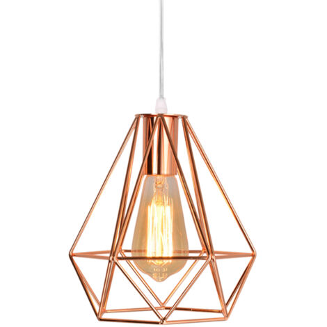 Pendelleuchte, Vintage Metall Diamant Form Kronleuchter, Hängelampe mit Ø20cm Käfig E27 Fassung für Wohnzimmer Schlafzimmer Esszimmer Rosegold