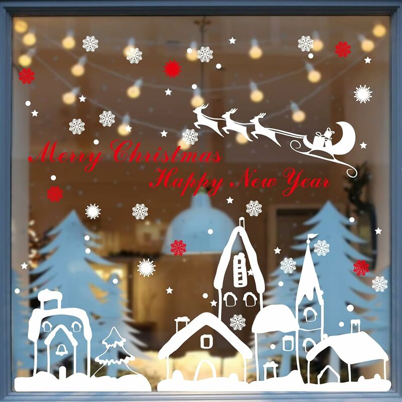 Weihnachtsaufkleber, Weihnachtsfensteraufkleber, Deko, Schneeflocken,  Dekoration, Weihnachtsbaum, Elch, weiße Stadt, Weihnachtsfensteraufkleber,  wiederverwendbarer elektrostatischer PVC-Weihnachtsfens
