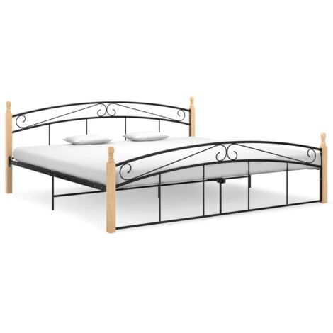 Massivholzbett Schwarz Metall und Eiche 200×200 cm