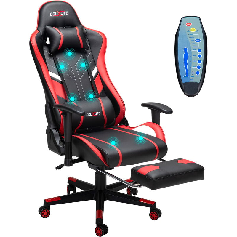 Douxlife Sedia Gaming con 7 Punti di Massaggio,Sedia da Gaming con  Poggiapiedi Telescopico,Poggiatesta e Supporto Lombare, Sedia da Ufficio  Ergonomica, Inclinabile a 175°,Cuoio di PU,150 KG Manta