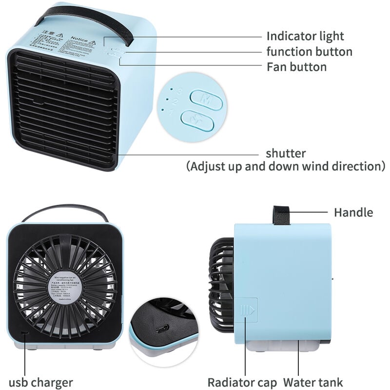 Ventilatore Aria Fredda Ghiaccio USB, Mini Condizionatore Portatile  Silenzioso Ad Acqua, Ventilatore a Batteria 3600mAh con LED, Air Cooler Air