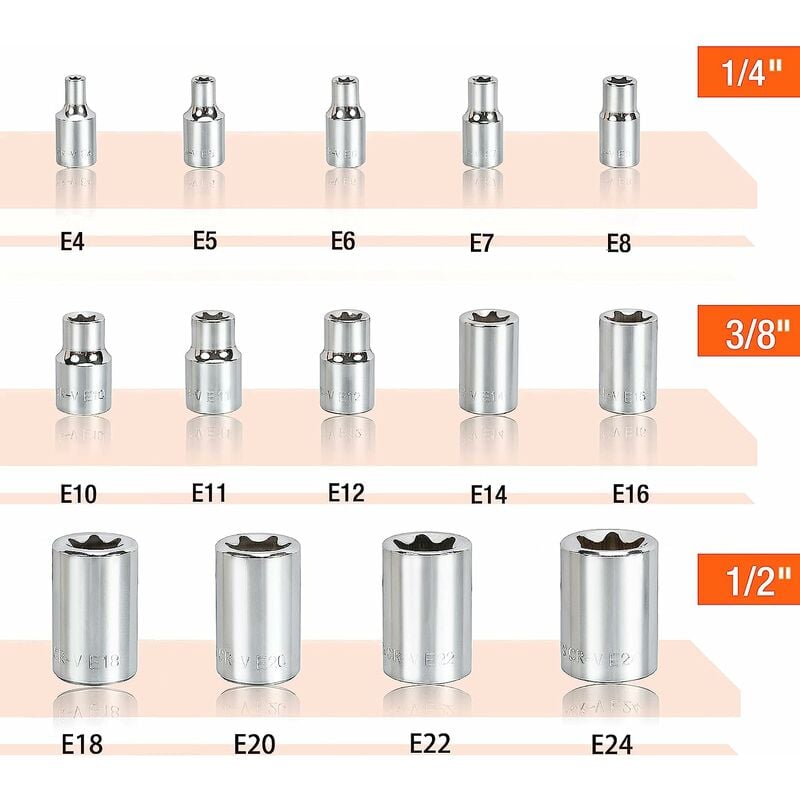 Douilles étoiles, 14 douilles étoiles E-Torx femelles SOONAN Coffret de  Douille Torx en Forme Etoile en Cr-V acier, 3 Spécifications 1/4, 3/8,  1/2, avec Boîte Pratique : : Bricolage