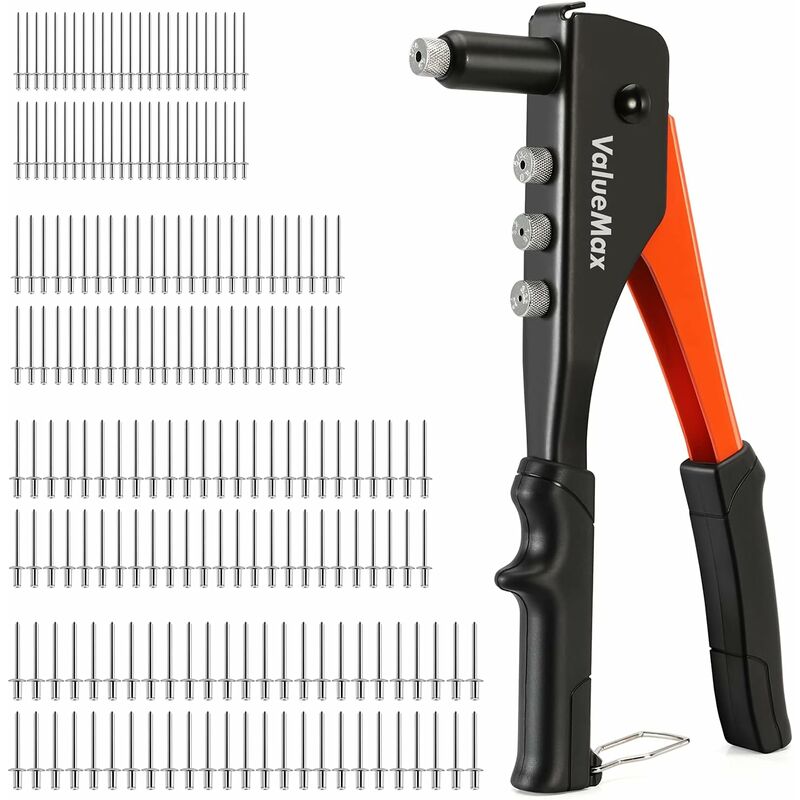 Pince à Rivets 4 En 1 VALUEMAX Avec 200 Rivets - 4 Têtes Remplaçables 2.4mm 3.2mm 4.0mm 4.8mm, Riveteuse Compacte Pour Métal Plastique Bois