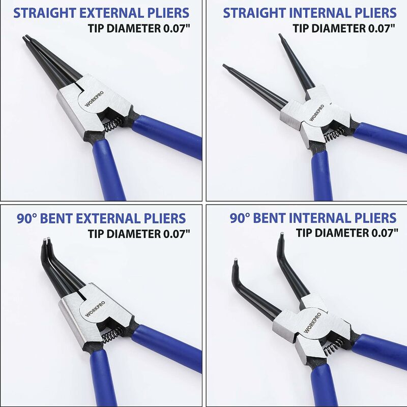 Kit De 4 Pinces à Circlips 17.8 Cm + 300 Circlips - Acier Trempé, Poignée Ergonomique - Pour Mécanique