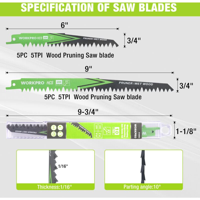 Lames Scie Sabre WORKPRO 5 Pièces - 230mm 5TPI Pour Bois