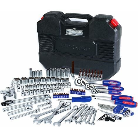 WORKPRO Coffret de Douilles Clés à Cliquet et Embouts Professionnels en Acier Chrome-Vanadium pour Réparation Voiture Auto Mécanique avec Malette 123 Pièces