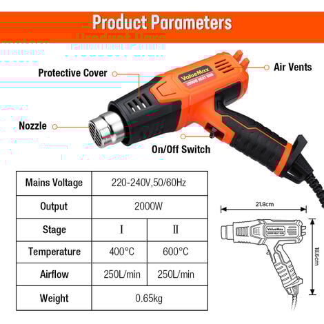 ValueMax Décapeur Thermique 2000W, Pistolet à Air Chaud à chauffage rapide double contrôle de température avec 4 buses, Protection de Surcharge