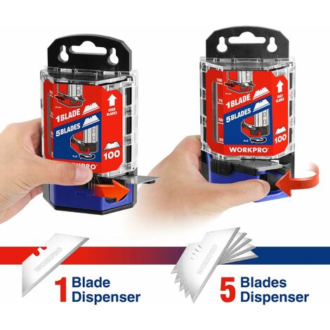 WORKPRO Lame Trapèze de Cutter avec Distributeur 100 Pièces, Lames de Couteau Utilitaire, Acier au Carbone SK5, Rouge