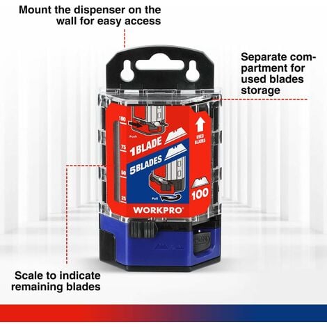 WORKPRO Lame Trapèze de Cutter avec Distributeur 100 Pièces, Lames de Couteau Utilitaire, Acier au Carbone SK5, Rouge
