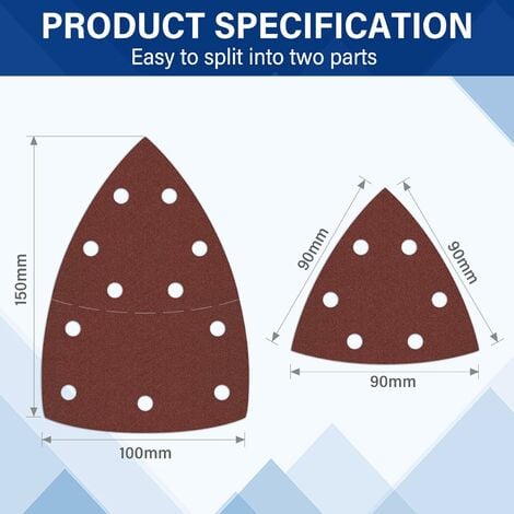 WORKPRO Lot de 100 Pièces Feuilles Abrasives Triangulaires pour Ponceuse, Grains 40-80-120-180, Papier Abrasif 90x90mm avec 11 Trous pour Poncer, Polissage, Dérouillage, Triangles de Ponçage
