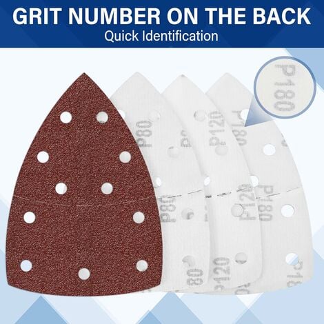 WORKPRO Lot de 100 Pièces Feuilles Abrasives Triangulaires pour Ponceuse, Grains 40-80-120-180, Papier Abrasif 90x90mm avec 11 Trous pour Poncer, Polissage, Dérouillage, Triangles de Ponçage