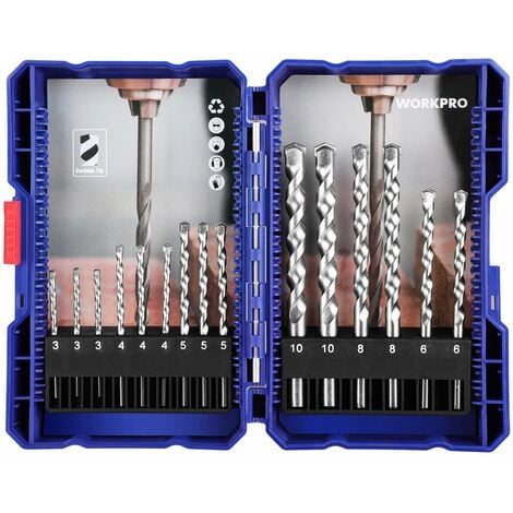 WORKPRO Jeu de 15 Forets Béton avec Boîte Ø3, 4, 5, 6, 8 et 10 mm Mèche à Béton Forets Set pour Brique, Maconnerie, Ciment