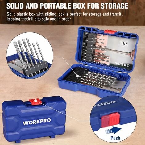 WORKPRO Jeu de 15 Forets Béton avec Boîte Ø3, 4, 5, 6, 8 et 10 mm Mèche à Béton Forets Set pour Brique, Maconnerie, Ciment