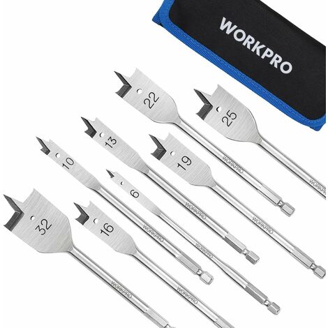 Workpro – Jeu de 8 mèches plates à bois – Tige hexagonale 1/4' – Acier au carbone – Tailles Ø6 à 32 mm – Longueur 152 mm