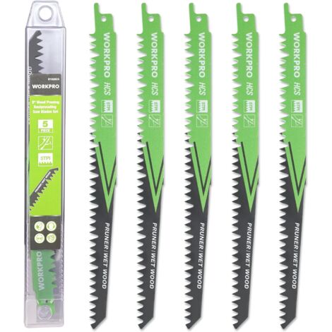 Workpro – Lame de scie sabre 230 mm 5TPI – Pour bois humide et tuyaux en plastique – Lot de 5 lames avec étui de rangement compact