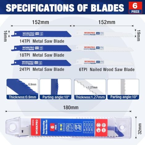 WORKPRO Lames de Scie Sabre, 6 Pièces BIM 14/18/24/6 TPI Lame de Scie pour Métal et Bois avec Boîte de Rangement