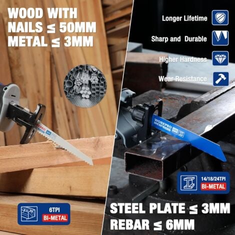 WORKPRO Lames de Scie Sabre, 6 Pièces BIM 14/18/24/6 TPI Lame de Scie pour Métal et Bois avec Boîte de Rangement