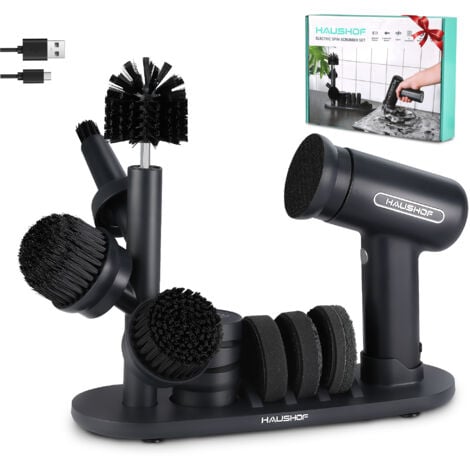 HAUSHOF Brosse de Nettoyage Électrique, Brosse Nettoyage à Batterie avec Support, Écran LCD 3 Vitesses de Réglage, 7 Têtes de Brosse et 1 Affûteur de Couteaux pour Nettoyer la Cuisine, Salle de Bain
