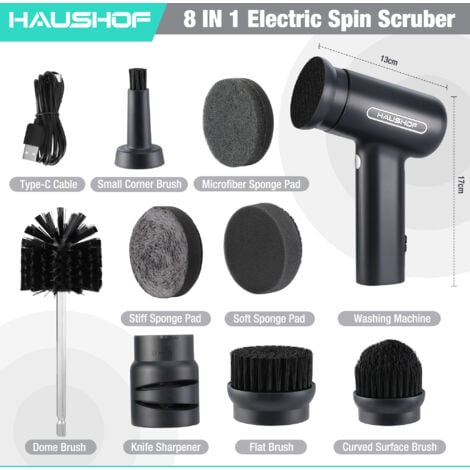 HAUSHOF Brosse de Nettoyage Électrique, Brosse Nettoyage à Batterie avec Support, Écran LCD 3 Vitesses de Réglage, 7 Têtes de Brosse et 1 Affûteur de Couteaux pour Nettoyer la Cuisine, Salle de Bain