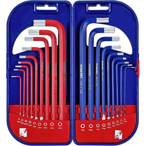 Workpro – Lot de 18 clés allen hexagonales longues en acier chrome vanadium – Boîte ABS pour rangement – Pour vis et boulons hexagonaux