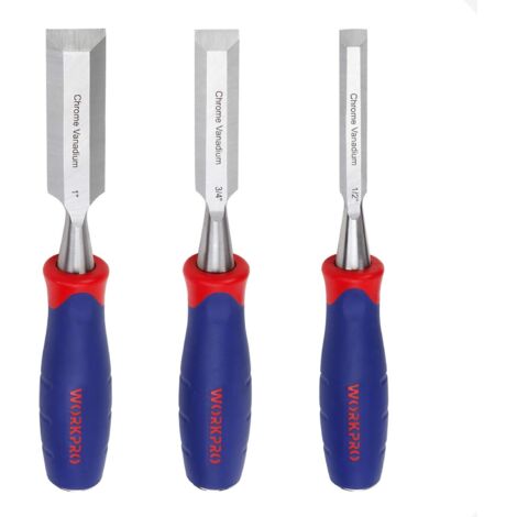 Workpro – Ciseaux à bois en Cr-V 3 pièces – Poignée bi-matière – Tailles 13, 19, 25 mm pour menuiserie et sculpture – Capuchon de protection inclus
