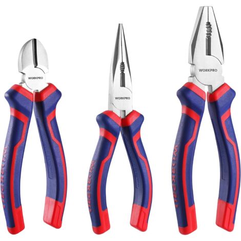Workpro – Jeu de 3 pinces en acier au carbone – Pince à bec long 160mm – Pince coupante 160mm – Pince universelle 185mm – Poignée ergonomique