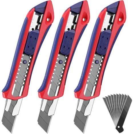 Workpro – Lot de 3 cutters professionnels 18mm – Lame en acier SK5 avec 10 lames de rechange – Positions de verrouillage – Pour papier et carton