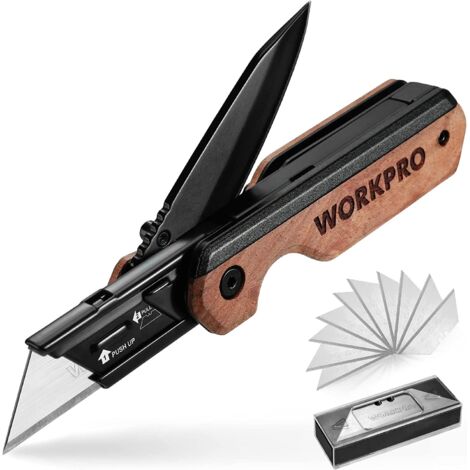 Workpro – Couteau utilitaire pliant 2 en 1 – Aluminium et bois d'acajou – Liner Lock et 10 lames SK5 – Mécanisme de changement rapide
