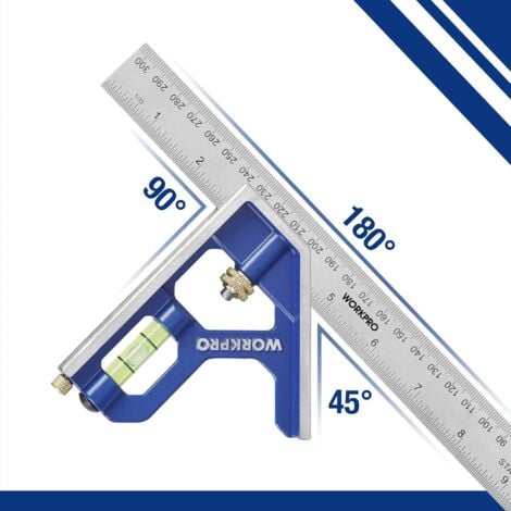 WORKPRO Règle d'angle de Combinaison, Équerre à Combinaison 300mm en Acier Inoxydable, Équerre Combinée avec Niveau à Bulle et Tire-Lignes Pratique, Idéal pour Mesure, Marquage