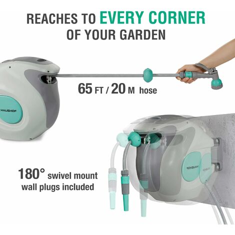 HAUSHOF Enrouleur Tuyau Arrosage, 20+2 m avec 2 Pistolet à Eau (9 Modes de Jet Réglables),Rétractation Automatique,Pivotant à 180°,Verrouillage à Toute Longeur,Dévidoir Mural Idéal pour Jardin,Garage