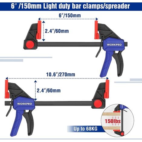 WORKPRO Jeu de 4 Serre-Joints à Libération Rapide, Largeur de Serrage 150 mm et 120 mm, Force de Serrage Maximale de 68 kg et 23 kg pour Travail du Bois, des Métaux et DIY - 4 Pièces